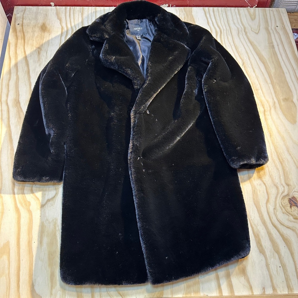 Forever 21 Men Black Faux Fur Overcoat Heavy Soft Plush Winter Jacket Size Small